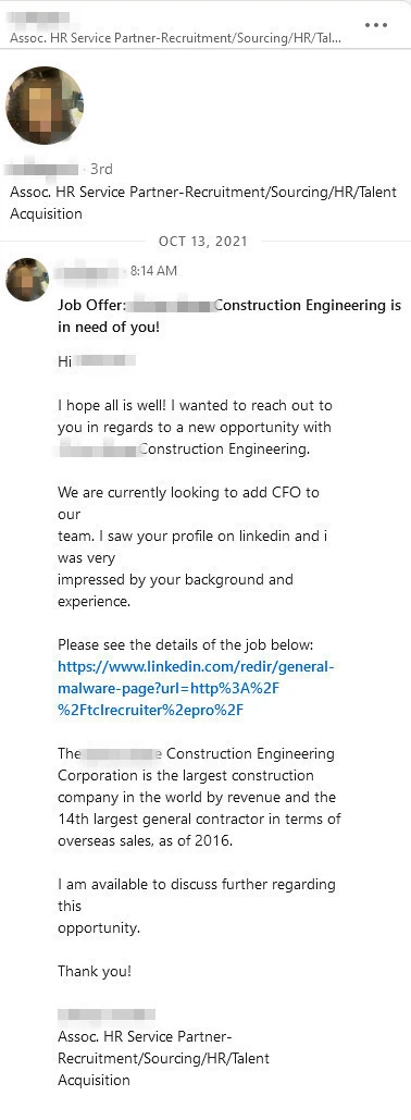 Pas op voor LinkedIn-fraude! Er kan een nepvacature opduiken van een écht bedrijf, met een verdachte link waarin het woord "malware" voorkomt.